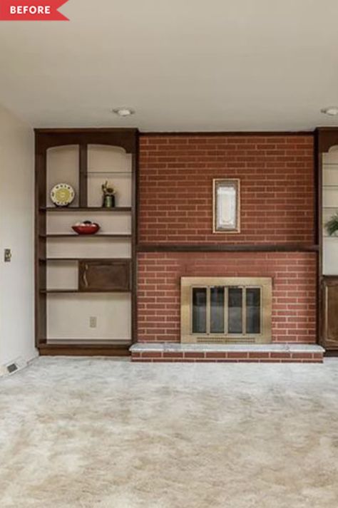 Lounge With Brick Fireplace, Brick Fireplace With Shelves On Side, Brick Fireplace Insert, Red Brick Fireplace Ideas, Painting Brick Fireplace Black, Brick Fireplace Black, Brick Fireplace Redo, Painting Brick Fireplace, Den With Fireplace