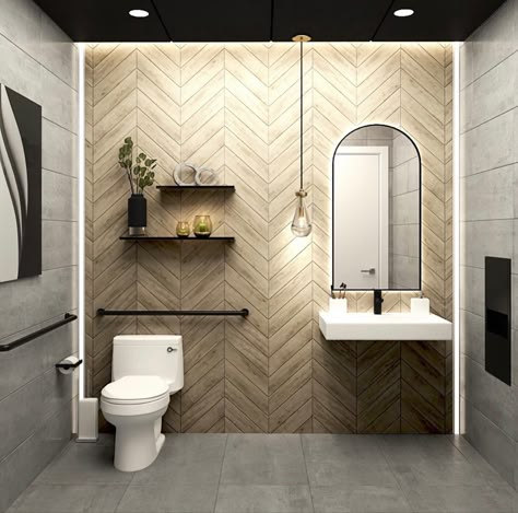 Single Public Restroom Design, Womens Public Restroom Decor Ideas, Unisex Restroom Design, Spa Restroom Design, Office Bathroom Design Small Spaces, Universal Washroom Design, Bathroom Office Ideas, Small Public Bathroom Ideas, Modern Office Bathroom Design