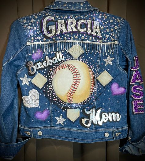 Sports Jean Jacket, Jean Projects, Cheer Clothes, Senior Things, Custom Jean, Custom Jean Jacket, Pants Ideas, Diy Denim Jacket, Senior Stuff