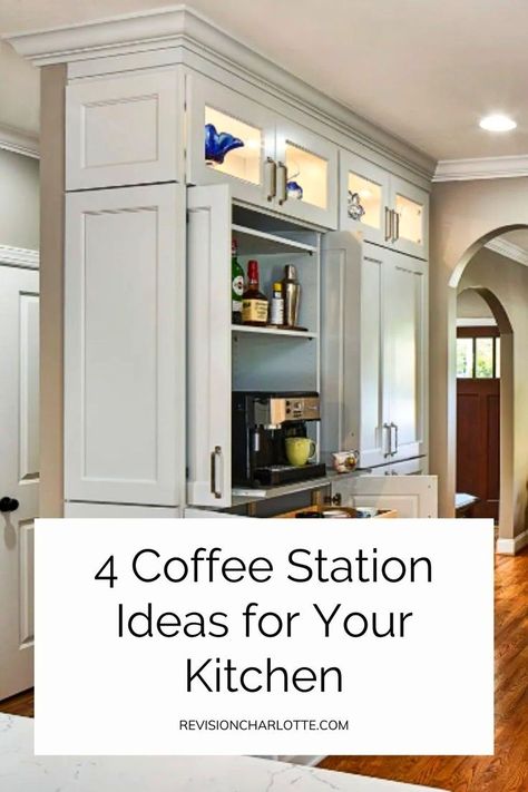 Coffee Station Kitchen Island, Laundry Room Coffee Station, Coffee Station Pantry Cabinet, Coffee Station In Cabinet, Coffee Station Cupboard Ideas, Coffee Station In Cupboard, How To Hide Coffee Maker In Kitchen, Slide Out Coffee Station, Coffee Station In Pantry Closet