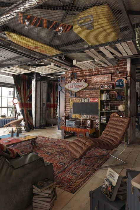 Bachelor's loft in Moscow features modern-vintage charm Urban Style Interior, New Yorker Loft, Men Apartment, New York Loft, Living Room Recliner, Vintage Industrial Decor, Joker Wallpapers, Decor Studio, Loft Living