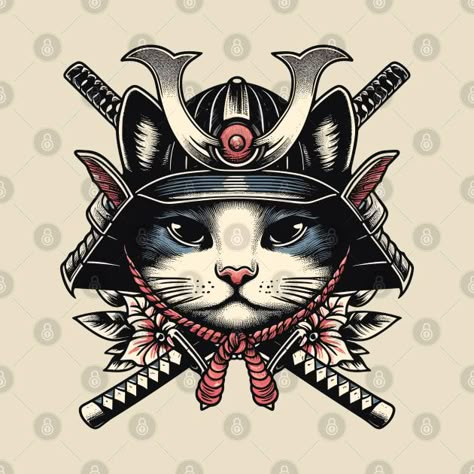 Ninja Cat Tattoo, Japanese Cat Tattoo Design, Cat Flash Tattoo, Japanese Cat Tattoo, Samurai Cat Tattoo, Monmon Cats, Aquarell Painting, Cat Samurai, Harry Tattoos