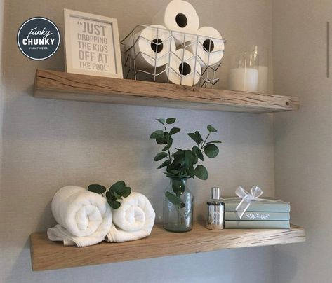 Oak Shelves Bathroom, Neutral Cloakroom Toilet, Toilet Wooden Shelves, Floating Shelves Bathroom Oak, Farmhouse Powder Room Small Oak Shelves, Oak Floating Shelves In Alcove, White Oak Wall Shelves Bathroom, Small Toilet Decor, Bathroom Tiles Modern