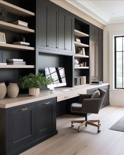 Office Wall Unit Ideas, Office Cabinets Ideas, Study Built Ins, Built In Office, Built In Desk And Shelves, Built In Bookcases, Home Office Built Ins, Modern Home Offices, Office Built Ins