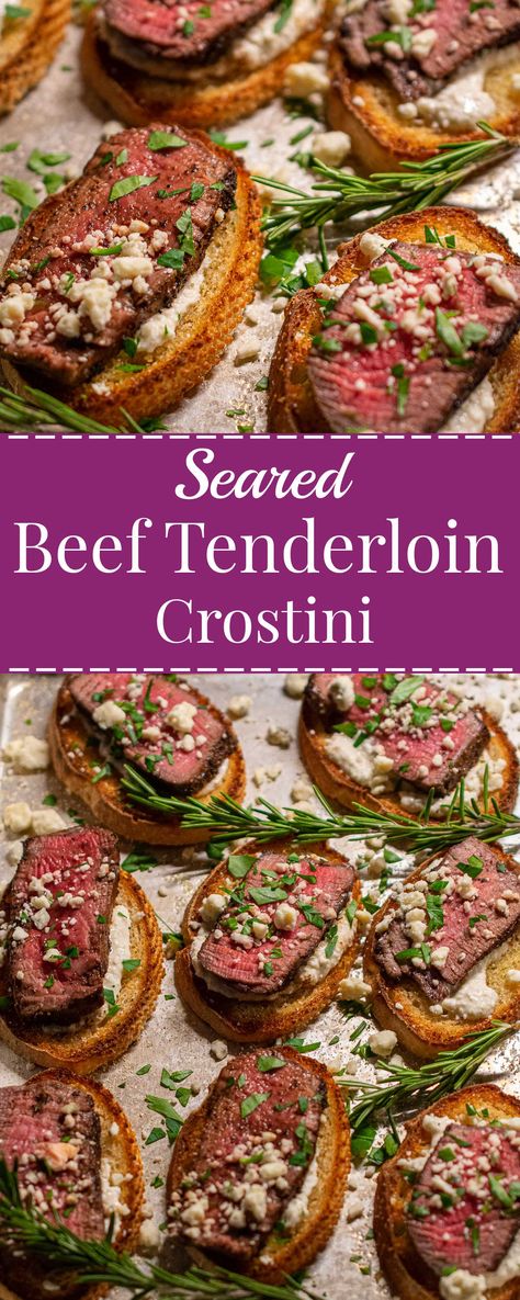 beef tenderloin crostini collage Beef Tenderloin Crostini, Seared Beef Tenderloin, Tenderloin Crostini, Fig Crostini, Baguette Appetizer, Top Appetizers, Crostini Appetizer, Beef Appetizers, Toasted Baguette