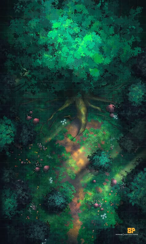 Light gently cascades itself through the trees’ green thickets, leaving a soft glow on the grass around your leather boots. #eightfoldpaper #eightfoldpaper #eightfold #battlemap #map #ttrpg #dnd #rpg #pathfinder #roll20 #dungeon #dragons #5e #free #fantasy #vtt #exterior #forest #feywild #fae #fey #faewild #forests #trees #dense #green #pixies #fairies #plants #vegetation #woods #mushroom #mushrooms #ethereal #path #grass #explore #find #wisps #big #tree #mother #tree Dnd Forest Map, Roll20 Maps, Evelynn League Of Legends, Dnd Battle Maps, Forest Map, Fantasy City Map, Tree Map, Secret Lair, Dnd World