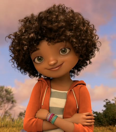 DreamWorks' Home: Tip lead character - mixed race female (with awesome hair!) talks about Barbados (Rihanna), brought up by single latino mum (JLo), and travelling to Paris, Australia. Alien 'Oh' (Jim Parsons) - learning about humans and friendship. Very 'Lilo and Stich' but also about cowardice/making an effort/looking for alternatives (not thinking probability of unsuccess, but giving it a go), and that evil isn't always evil (the shush stick!) Tip Tucci, Home The Movie, Dreamworks Home, Hairstyles Anime, Hair Cartoon, Brown Curly Hair, Dreamworks Animation, A Cartoon, Cartoon Character