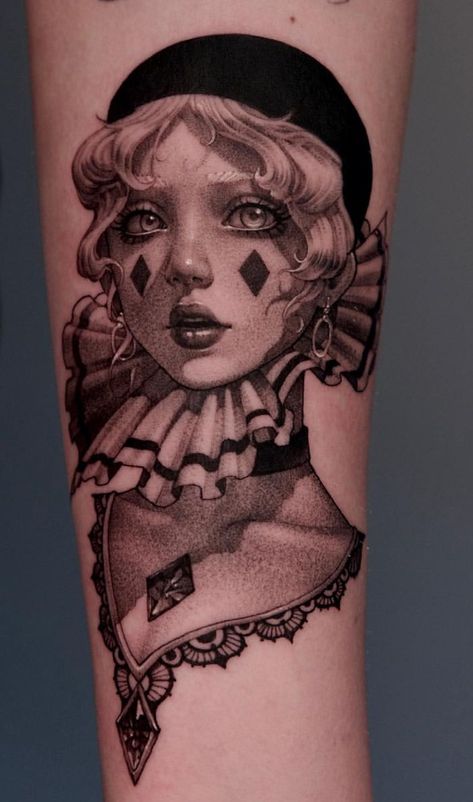 Dark Lady Tattoo, Female Tattoo Artist Aesthetic, Goth Tattoo Designs Drawings, Female Clown Tattoo, Goth Tatoos, Aesthetic Tattoo Ideas, Casino Tattoo, 15 Aesthetic, Decorative Walls