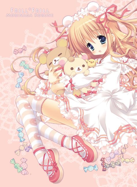 ✮ ANIME ART ✮ sweet lolita. . .dress. . .ruffles. . .lace. . .ribbons. . .teddy bears. . .plush toys. . .Rilakkuma. . .teddy bear ears. . .headdress. . .long hair. . .striped socks. . .candy. . .cute. . .moe. . .kawaii An Anime, Original Image, Teddy Bears, The Gallery, Bears, Blonde, Anime, Hair, Pink