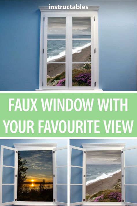 Make a faux window so you can have a great view anywhere you are, any time of year, day or night.  #woodworking #workshop #decor #home #picture #photo #carpentry Faux Window Decor, How To Disguise A Window, How To Make A Fake Window On A Wall, Faux Window Diy, Faux Light Up Window, False Window Ideas, Fake Windows Ideas, Ikea Fake Window, Diy Window Frame Decor