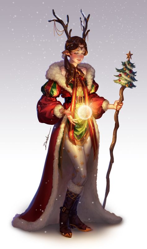 Spirit of Christmas, Dasha Y. Park on ArtStation at https://www.artstation.com/artwork/oOV5PO Christmas One Shot Dnd, Christmas Elf Character Design, Dnd Christmas Characters, Christmas Dnd Character, Winter Elf Dnd, D&d Christmas, Fantasy Christmas Art, Christmas Oc Art, Christmas Character Art