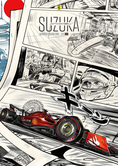 F1 Graphic Design, F1 Car Drawing, F1 Fanart, F1 Poster Design, Porche Vintage, Murals Ideas, Vintage Racing Poster, Grand Prix Posters, Japanese Grand Prix