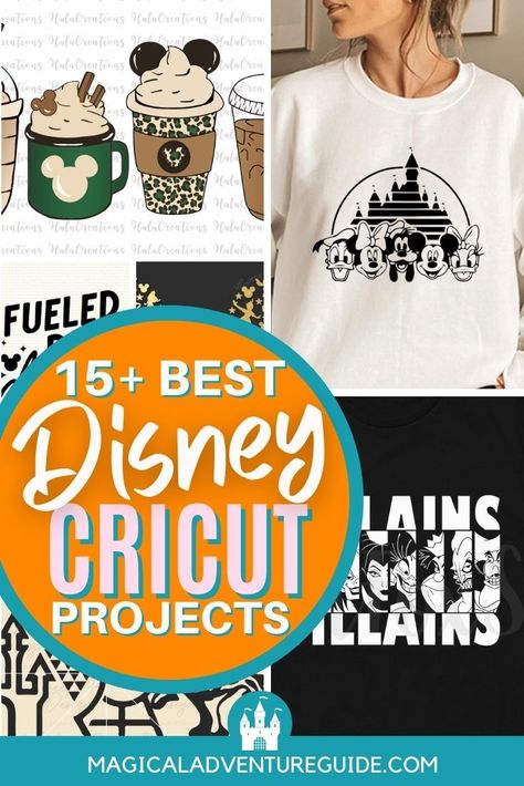 If you want some fun Disney projects for your Cricut, we're sharing our favorite designs! Whether you want to make shirts, cups, mugs, Minnie or Mickey ears, and more, there are so many fun craft options to choose from! Disney World Shirts Women, Disney Sweater Cricut, Disneyland Diy Shirts, Cute Disney Sayings For Shirts, Disney Cricut Projects Ideas, Disney Cricket Designs, Disney Shirts With Cricut, Disney Trip Cricut Projects, Disney World Cricut Shirts