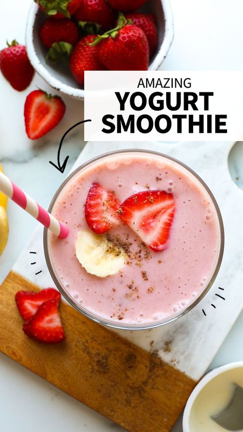 Yogurt And Frozen Fruit, Yogurt Smoothie Recipes Healthy, Frozen Strawberry Smoothie, Strawberry Banana Yogurt Smoothie, Frozen Fruit Smoothie Recipes, Fruit Yogurt Smoothies, Strawberry Yogurt Smoothie, Banana Yogurt Smoothie, Strawberry Smoothie Healthy