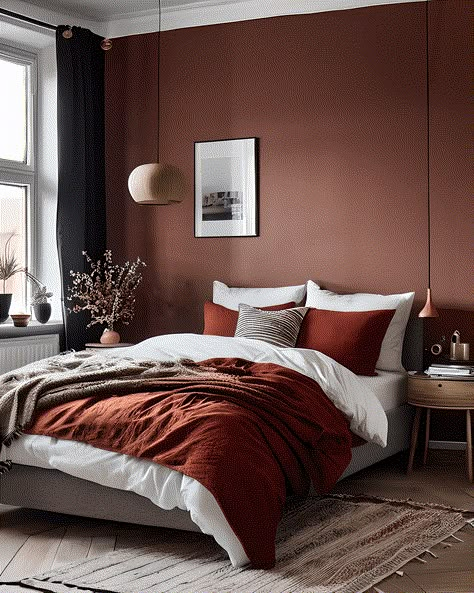 Terracotta Red Bedroom, Autumn Colour Interior Design, Muted Orange Bedroom, Rust Red Bedroom, Rust Coloured Bedroom, Terracotta And Grey Bedroom, Brick Red Bedroom, Red Walls Bedroom, Dark Japandi Bedroom