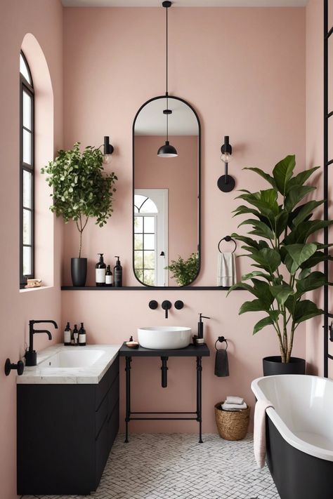 Pink Bathroom With Plants, Bathroom Ideas Simple Budget, Light Pink And Grey Bathroom, Bathroom Ideas Pink And Green, Blush Pink And Black Bathroom, Bathroom Color Schemes Pink, Peachy Pink Bathroom, Sage And Blush Bathroom, Rose Colored Bathroom