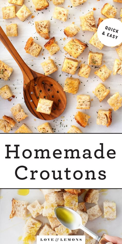 Learn how to make homemade croutons! This easy recipe calls for just 5 ingredients (!), and it comes out perfectly every time. The croutons are rich and crispy, with a delicious garlic flavor. Perfect for salads and soups! | Love and Lemons #croutons #howto #recipe #healthyrecipes Gluten Free Croutons, How To Make Croutons, Croutons Recipe, Crouton Recipes, Leftover Bread, Croutons Homemade, Stale Bread, Idee Pasto Sano, Croutons