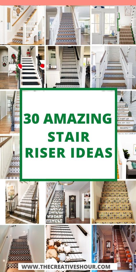 Discover a world of possibilities with these stair riser ideas! From painted masterpieces to stylish vinyl decals, find inspiration for black, decorative, and outdoor stair designs. Elevate your space with a touch of paint magic! Stair Riser Tile Spanish Style, Tiled Stair Risers Outdoor, Tile Staircase Ideas, Tiles For Stairs Ideas, Modern Stair Risers, Peel And Stick On Stair Risers, Diy Tile Stairs, Decorated Stair Risers, Painted Wooden Stairs Ideas