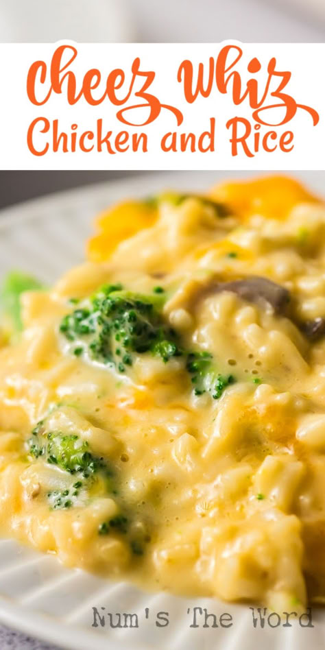 Cheez Whiz Chicken and Rice Casserole is super comforting and so tasty too! It’s easy to make and serves a crowd! #numstheword #cheezwhizchickenandricecasserole #cheesewhizchickenandrice #chickenandricecaserolewithcheesewhiz #broccolichickenriceandcheesewhizcasserole #chickenbroccoliandricecasserolecheesewhiz #cheesychickenbroccolicasserole #cheesybroccolichickenandrice #minutericewithcheesewhiz #cheesewhizminuterice #cheesewhizchickencasserole Broccoli Cheese Chicken Rice Casserole, Rice Cheese Casserole, Easy Broccoli And Rice Casserole, Broccoli Cheese Rice Crockpot, Broccoli Cheese Rice Chicken Casserole, Cheesy Chicken And Rice With Broccoli, Easy Cheesy Broccoli Rice Casserole, Rice And Broccoli Casserole, Cheesy Rice And Broccoli