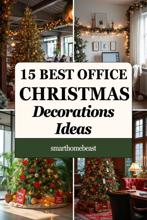 An image displaying various office Christmas decorations ideas, showcasing festive office spaces including cozy lights, decorative Christmas trees, and holiday-themed accents for workstations, designed to brighten up the workspace with holiday cheer. Office Christmas Tree Decorations, Holiday Decorations For Office, Work Office Christmas Decorating Ideas, Elegant Office Christmas Decor, Christmas Decor For Office Desk, Office Desk Christmas Decorating Ideas, Christmas Decor Ideas Office Desk, Office Cube Christmas Decorating Ideas, Holiday Office Decorating Ideas For Work