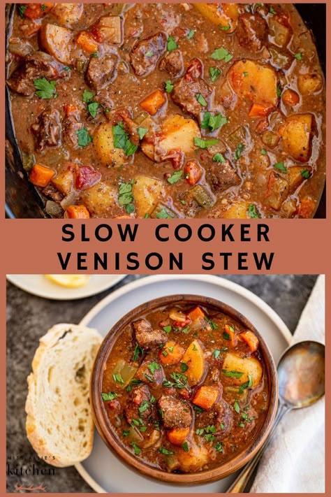 This thick, hearty and healthy slow cooker venison stew is made in the crockpot with tender hunks of deer meat, veggies, and a rich & flavorful broth. #venison #venisonstew #slowcookervenisonstew #wildgamerecipe Deer Hind Quarter Recipes, White Tail Deer Recipes, Deer Meat Recipes Backstrap, Deer Tips Recipe, Crock Pot Venison Stew, Deer Meat Stew Crockpot, Healthy Venison Recipes Clean Eating, Back Strap Venison Recipe Crockpot, Venison Cubed Steak Recipes