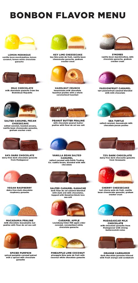 BONBON FLAVORS | Bliss Chocolatier Chocolate Bon Bon Flavors, Bon Bons Recipe Candies, Bon Bon Flavors, How To Make Chocolate Bonbons, How To Make Bon Bons, Gourmet Chocolate Bars, Handmade Chocolates Recipes, Chocolate Sculptures Ideas, Filled Chocolate Bars