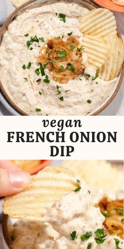 This creamy vegan French onion dip is dairy-free, nut-free, and made with sweet caramelized onions and silken tofu. It's perfect as a party appetizer or sandwich spread! Vegan Spreads, Vegan Apps, Vegan Appetizer, Vegan French, Vegan Dips, Vegan Party Food, French Onion Dip, Vegan Dip, Vegan Party