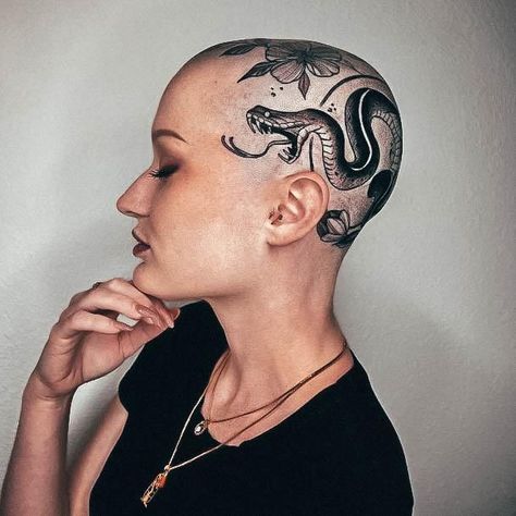 Traditional Woman Head Tattoo, Head And Neck Tattoo, Head Tattoos For Women, Woman Head Tattoo, Neck Tattoos Ideas, Head From Above, Bald Tattoo, Bald Head Tattoo, Head Tattoo Design