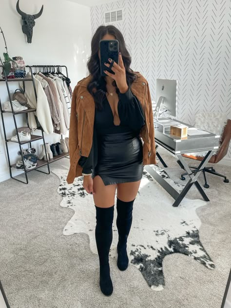 Leather Skirt Looks Night, Black Suede Mini Skirt Outfit, Leather Skirt And Bodysuit Outfit, Date Night Boots Outfit, Going Out Leather Jacket Outfit, Women’s Going Out Outfits Winter, Cute Bar Outfits Going Out Winter, Vegas Bar Outfit Night, Club Outfits For Women Mid Size