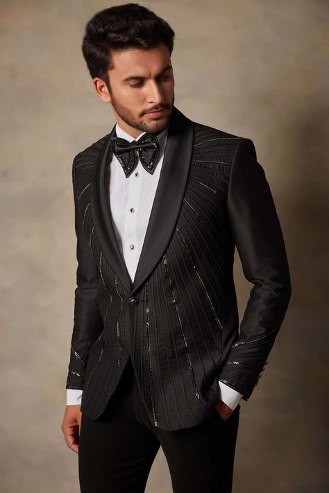 Black Polyester Viscose Embellished Tuxedo and Pant Set for Men Fancy Tuxedo For Men, Men Suit Design, Fancy Tuxedo, White Wedding Guest Dress, Wedding Guest Dress Code, Embroidered Tuxedo, Men Suit Fashion, White Wedding Guest, Designer Tuxedo