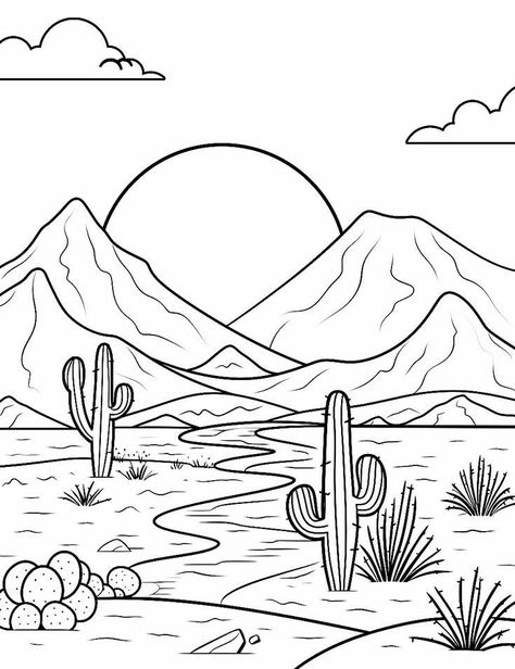 Nature Coloring Pages For Adults, Simple Mandala Coloring Pages, Simple Nature Drawing, Complex Mandala, Flower Mandala Coloring Pages, Pencil Outline, Desert Drawing, Nature Coloring Pages, Landscape Design Drawings