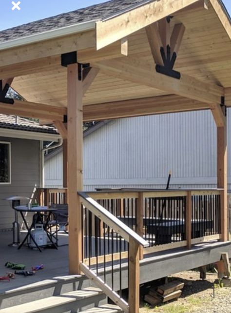 Partial Roof Over Deck, Add A Roof To A Deck, Roof Extension Over Deck, Garage Expansion, Covered Back Deck, Wood Deck Designs, Landscaping Deck, Deck Redo, Ranch House Ideas