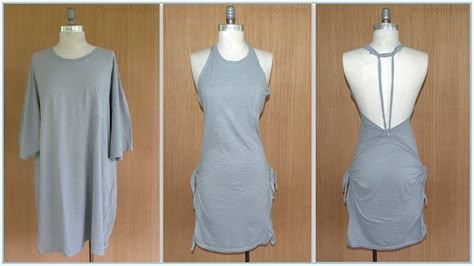 WobiSobi: No Sew, Grey, Summer Tee-shirt Dress: DIY. Tshirt Dress Diy, Shirt Dress Diy, Revamp Clothes, Cut Shirt Designs, Robe Diy, Diy Cut Shirts, Summer Tee Shirts, Diy Clothes Refashion, Upcycle Clothes Diy