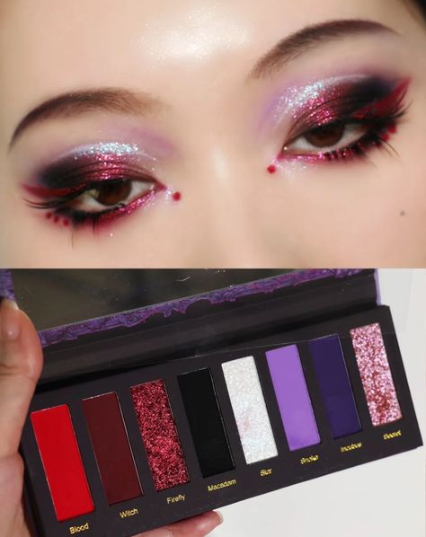 Instagram Red And Purple Eyeshadow, Red And Purple Makeup, Goth Valentines Makeup, Nails With Eyeshadow, Editorial Eyeshadow, Red And Purple Aesthetic, Emo Eyeshadow, Red Eyeshadow Looks, Red Eyeshadow Palette