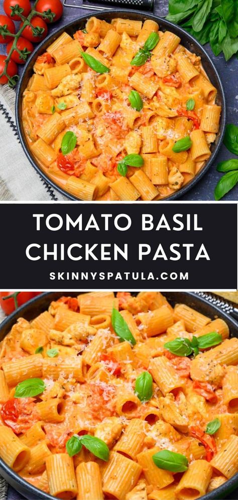 Tomato Basil Chicken Pasta – Skinny Spatula Creamy Tomato Basil Pasta Red Gold, Creamy Tomato Basil Chicken Pasta, Basil Chicken Pasta Recipes, Tomato Basil Chicken Pasta, Chicken Tomato Pasta, Basil Chicken Pasta, Burst Cherry Tomatoes, Chicken Basil Pasta, Creamy Chicken Pasta Recipes