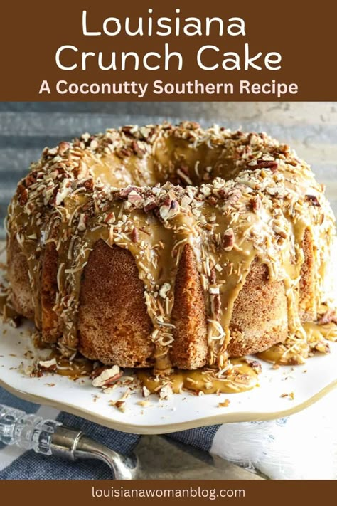 Louisiana Crunch Cake is a moist, buttery pound cake with a sugary coating on the outside, drizzled with a cane sugar glaze and topped with lots of crunchy toasted coconut flakes and pecans. Crunch Pound Cake Recipe, Louisiana Crunch Pound Cake, Louisiana Stranger Cake Recipe, Mile High Pound Cake Recipe, Louisiana Cake, Cajun Cake Recipe, French King Cake Recipe, Cajun Cake, Louisiana Crunch Cake