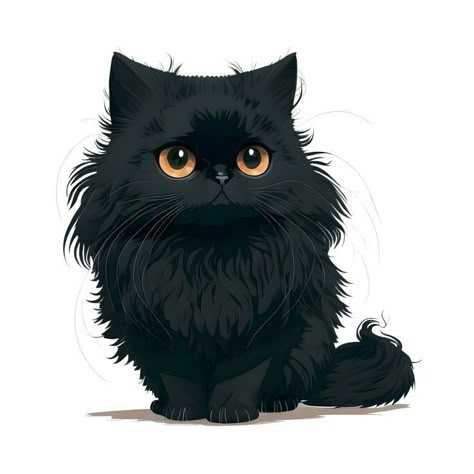 Cute Cat Vector Illustrations, Fluffy Cat Illustration, Long Haired Cat Drawing, British Longhair Cat, Cat Design Art, Mischievous Expression, Modern Cat Art, Fluffy Black Cat, Black Cat Drawing