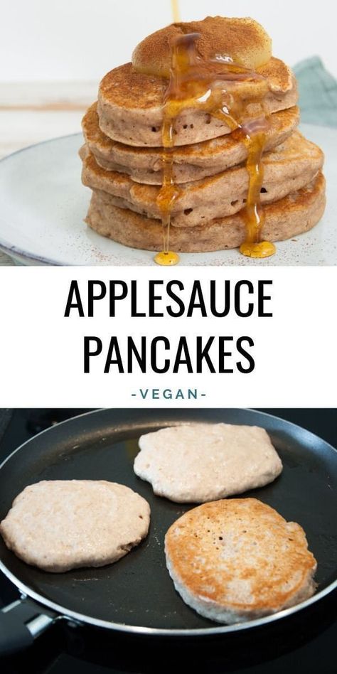 These vegan applesauce pancakes are quick & easy to make. No eggs and no bananas! Vegan Applesauce, Applesauce Pancakes, Smoothies Vegan, Vegan Pancake Recipes, Overnight Oat, Desserts Vegan, Pancakes Healthy, Vegan Foods, Vegan Breakfast Recipes