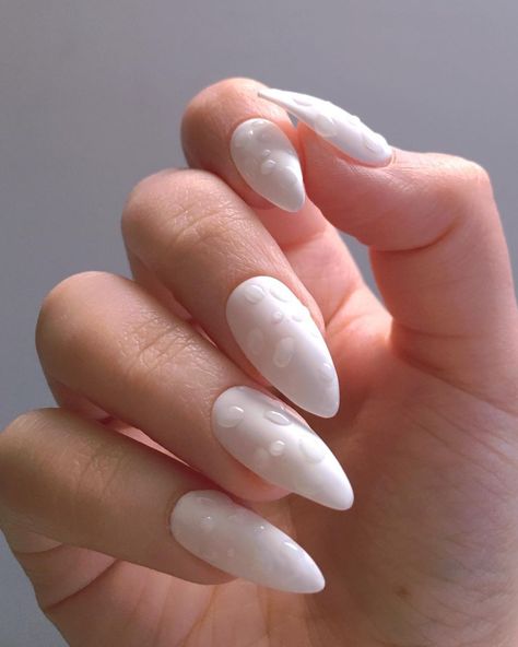 Water Droplet Nails • matte nails with 3D “droplets” - base colour is customisable • pictured in almond shape (available in short… Water Droplet Nails, Droplet Nails, White Matte Nails, Raindrop Nails, Edgy Nails, First Blog Post, Nails White, French Tips, Water Droplets