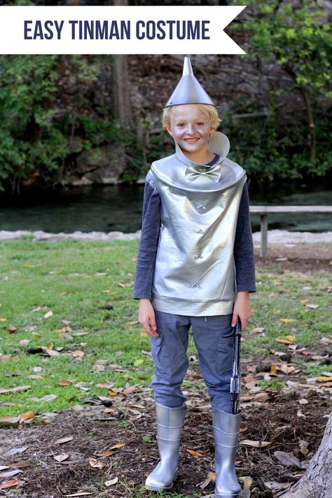 Easy Wizard of Oz Halloween Costumes- Tinman Diy Tinman Costume For Kids, Easy Tin Man Costume, Tin Man Costume Diy Men, Tinman Costume Diy, Tin Man Costume Diy, Tinman Costume, Diy Tin Man Costume, Tin Man Halloween Costume, Tin Man Halloween