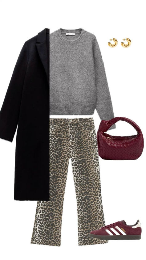 Cool girl street style with leopard pants and sambas. Cheetah Pants Outfit Winter, Wide Leg Leopard Jeans Outfit, Outfits With Leopard Pants, Leopard Print Jeans Outfit, Leopard Jeans Outfit, Print Jeans Outfit, Leopard Print Pants Outfit, Leopard Pants Outfit, Sambas Outfit