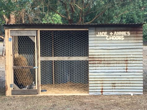 Home made chicken coop from recycled wood and tin we found lying around the farm. Built this for our nieces 3rd birthday present. Chicken Coop House, Chook Pen, Urban Chicken Farming, Chicken Barn, Portable Chicken Coop, Backyard Chicken Coop, Chicken Pen, Vintage Chicken, Urban Chickens