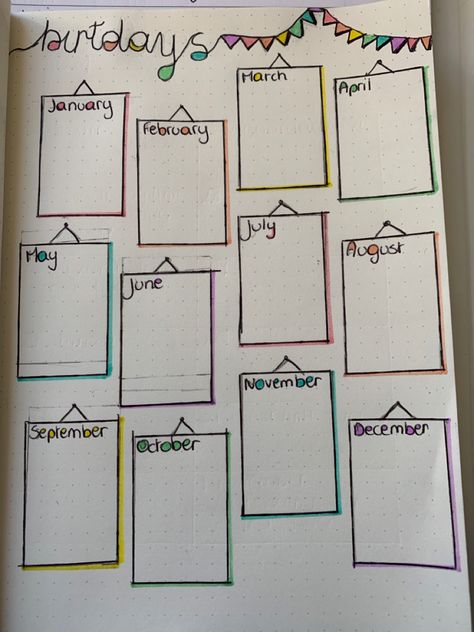 This is an idea for a birthday calander with super nice colors :) Diary Ideas Birthday, Bday Calendar Ideas, Diy Birthday Tracker, Bullet Journal Calander Idea, Birthday Dairy Ideas, Happy Birthday Journal Ideas, Birthday Calendar Ideas, Calander Design Ideas, Birthday Bujo