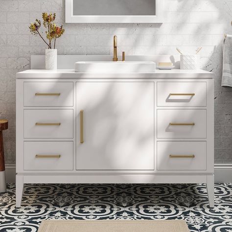 allen + roth Greer 48-in White Semi-recessed Single Sink Bathroom Vanity with White Engineered Stone Top in the Bathroom Vanities with Tops department at Lowes.com Bathroom 48 Inch Vanity Ideas, Bathroom Vanity 48 Inch Single Sink, 48 Inch Bathroom Vanity Single Sink White, White Bathroom Vanity Gold Hardware, 60 Inch Bathroom Vanity Single Sink, White Vanity Gold Hardware, 48 Inch Bathroom Vanity Single Sink, Lowes Bathroom Vanity, 48 Inch Vanity