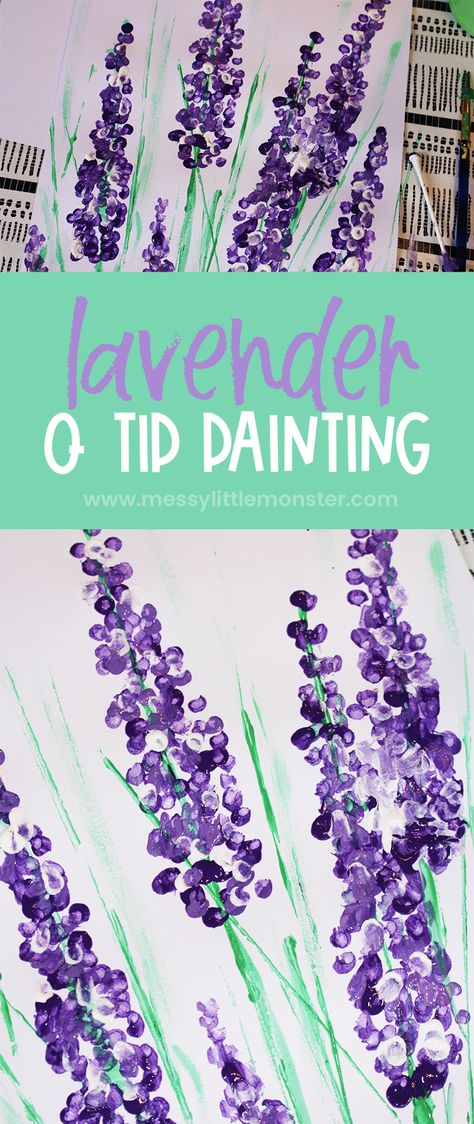 Lavender painting for kids - Q tip painting lavender craft. Flower craft. Painting With Flowers Preschool, How To Paint Lavender, How To Paint Lavender Flowers, Painting Techniques For Kids, Fun Painting Techniques, Paint Lavender, Q Tip Art, Preschool Gardening, Flower Making Crafts