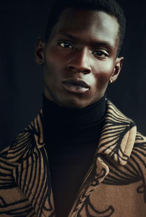 Total no-nonsense look. Love the patterning on the coat, and yes - the turtleneck is alive and well. Some cat named Adonis Bosso by Nacho Alegre. Adonis Bosso, Blaise Zabini, Black Male Models, Face Reference, Male Portrait, Black Man, The Villain, Male Face, Black Is Beautiful