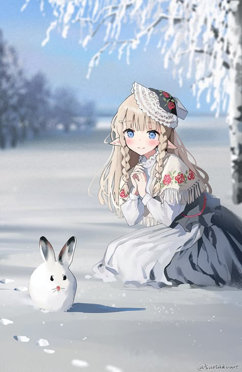 Weiblicher Elf, Winter Rabbit, Anime Elf, Winter Illustration, 영감을 주는 캐릭터, Anime Artwork, Character Illustration, Cute Anime, The Snow