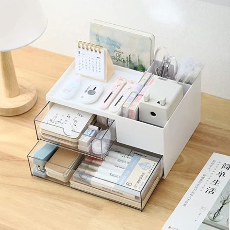 【Practical and multifunctional】Desktop Storage Box has 2 drawers and 4 large capacity compartments, to provide enough space to store your daily essentials for easy access, Transparent drawers allow you to quickly find what you need. 【Perfect Size】 The organizer measures about 9.13"L x 6.7"W x 4.84"H, which is just perfect for the rooms of your home, dorms, apartments, condos, RVs and campers to conveniently store your belongings to keep your space clean and tidy. Drawers Plastic, Storage Vanity, Stationery Obsession, Desk Organiser, Student Home, Temu Finds, Úložný Box, Desk Organization Office, Desk Supplies