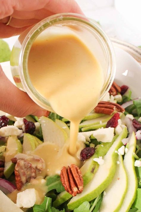 Sherry Shallot Dressing (Easy Salad Vinaigrette) - The Balanced Nutritionist Sherry Shallot Dressing, Arugula Pear Salad, Simple Salad Dressing, Shallot Dressing, Salad Vinaigrette, Balsamic Brussel Sprouts, Shaved Brussel Sprouts, Pecan Topping, Balsamic Vinaigrette Dressing