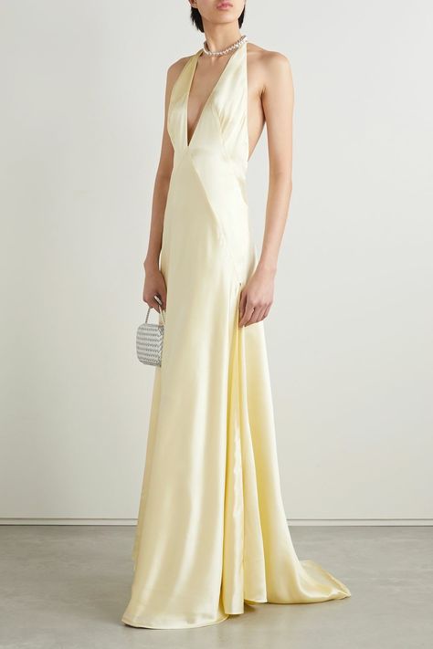 Pale Yellow Bridesmaids, Gown Aesthetic, Silk Yellow Dress, Silk Bridesmaid Dresses, Silk Evening Gown, Backless Gown, Yellow Gown, Designer Party Dresses, Yellow Bridesmaids